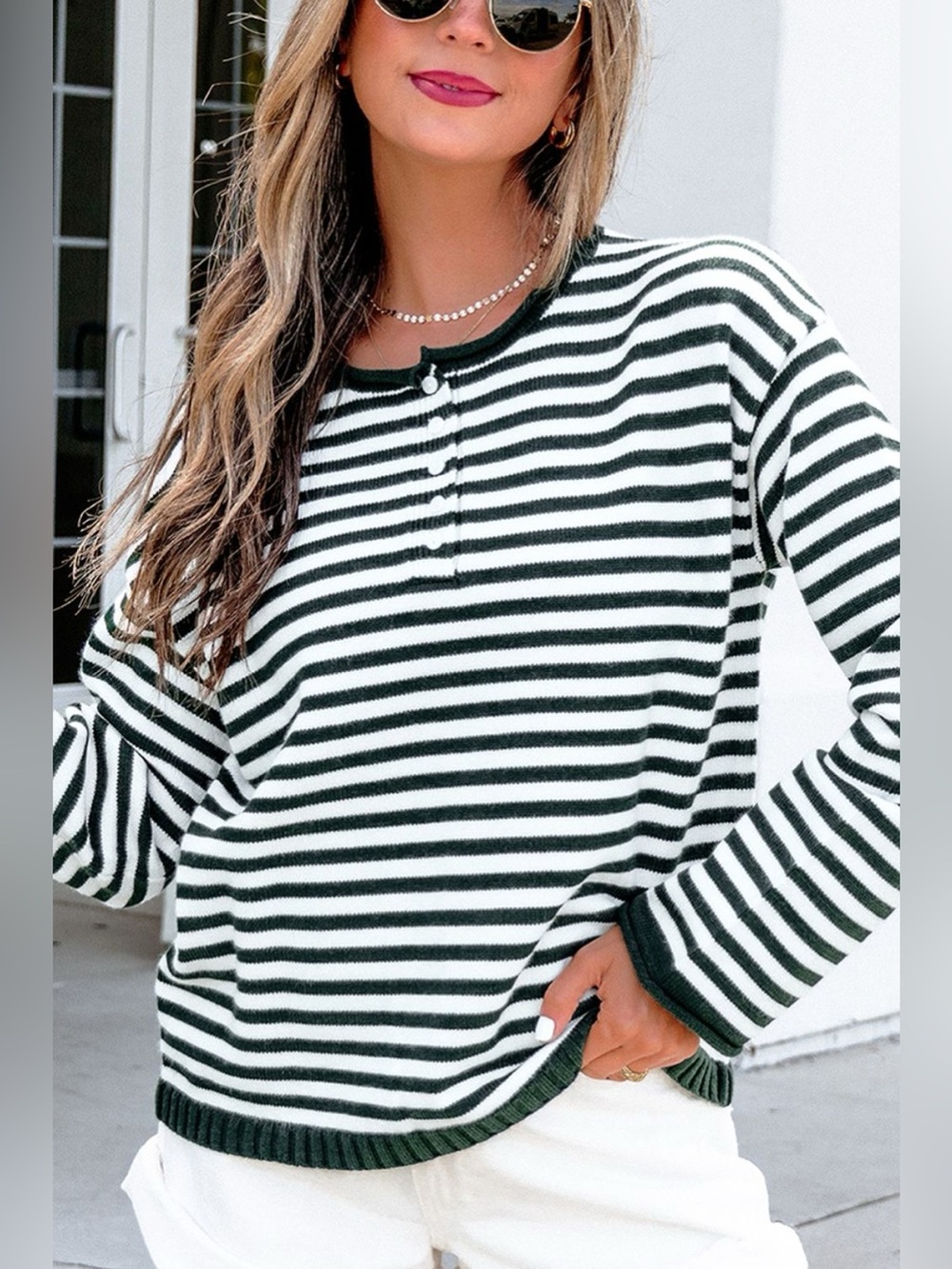Striped Button Placket Drop Shoulder Long Sleeve Sweater - Picture 15 of 16